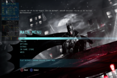 Das Hauptmenü von Arkham Origins in ARMSX3 zeigt Batman und die Online-Option.