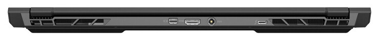 Rückseite: Mini Displayport 1.4 (G-Sync), HDMI 2.1 (G-Sync), Netzanschluss, Thunderbolt 4 (Displayport, G-Sync kompatibel)