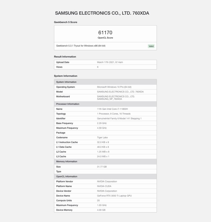 Die Nvidia GeForce RTX 3050 Ti wird nur mit 4 GB GDDR6-Grafikspeicher ausgestattet sein. (Bild: Geekbench)