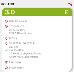 Ein schwaches Erdbeben in Polen am 2. August 2025. (Bildquelle: Lastquake/Screenshot)