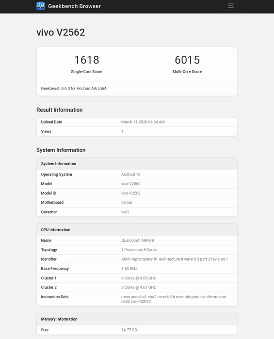 Das Vivo X300 Ultra zeigt sich mit Snapdragon 8 Elite Gen 5 und 16 GB RAM auf Geekbench.