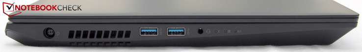 Links: Strom, 2x USB-A 3.0, Kopfhörer/Mikro, Status-LEDs