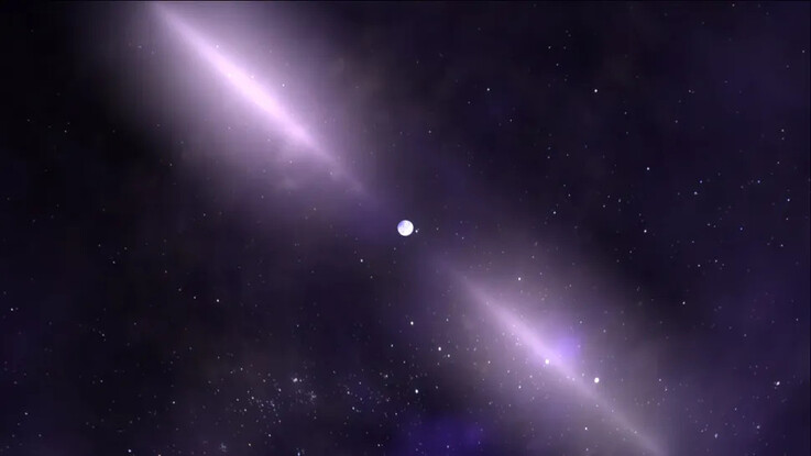 Künstlerische Illustration eines Pulsars und seiner Radiowellen.