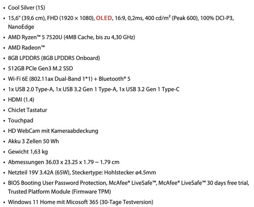 Die technischen Spezifikationen des im Deal erhältlichen Vivobook Go 15 OLED (Bild: Asus)