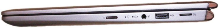 rechte Seite: Einschaltknopf, kombinierter Audioanschluss, USB 2.0, Micro-SD-Kartenleser