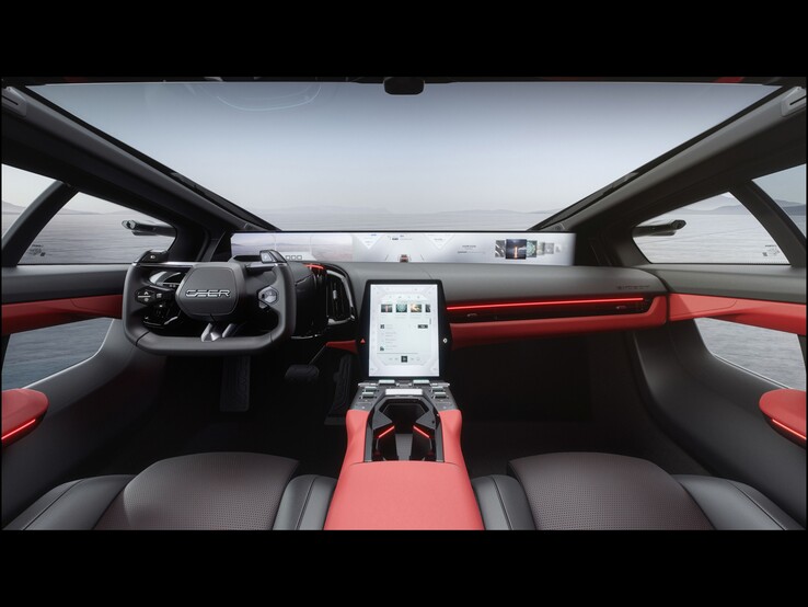 Innenraum mit Yoke 48-Zoll-„Digital Horizon Display“ und 10,4-Zoll-Touchscreen in der Mittelkonsole.