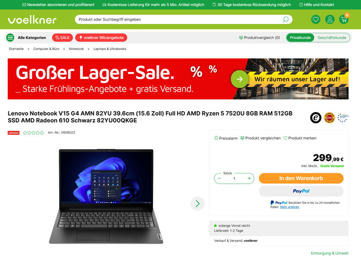 Lenovo V15 G4 AMN im Angebot für 299,99 Euro.