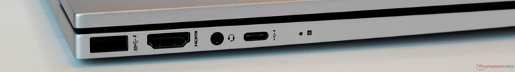 Linke Seite: USB 3.2 Gen 1 Typ-A (mit Aufladung), HDMI 2.0, Audioanschluss, USB 3.2 Gen 2 Typ-C (mit DisplayPort 1.4, HDMI 2.0, und Power Delivery 3.0), LED zur Anzeige von Festplattenaktivität