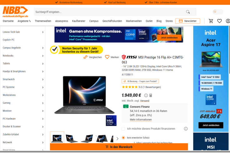 MSI Prestige 16 Flip AI+ C3MTG-063 für 1.949 Euro.