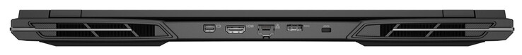 Rückseite: Mini Displayport 1.4a (G-Sync), HDMI 2.1 (G-Sync), Gigabit-Ethernet, Netzanschluss, Steckplatz für ein Kabelschloss