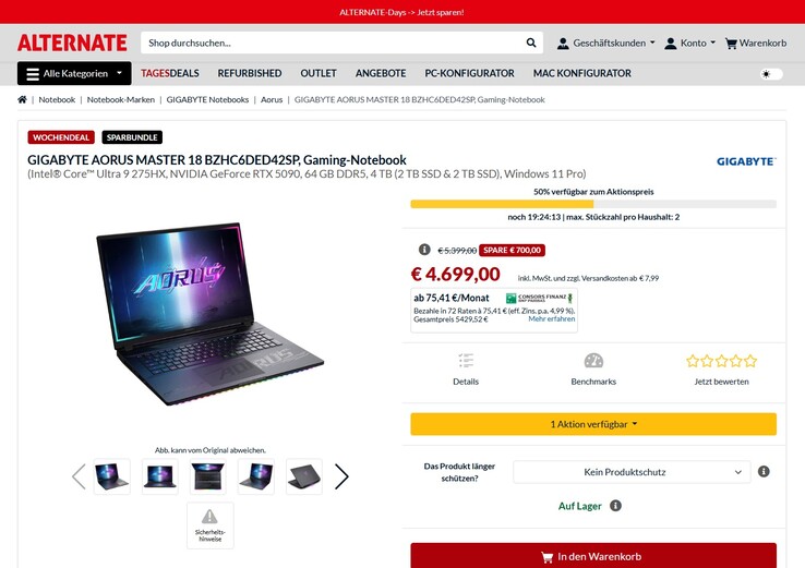 Gigabyte Aorus Master 18 BZHC6DED42SP im Angebot für 4.699 Euro.