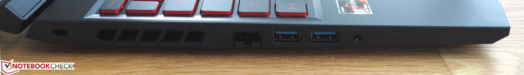 Linke Seite: Kensington Lock, RJ45-LAN, 2x USB-A, 3,5-mm-Klinke