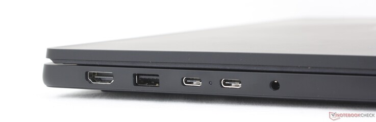 Links: HDMI (4K60), USB 3.2 Gen. 1, 2x USB-C 3.2 Gen. 2 mit DisplayPort 1.4 + Power Delivery, 3,5 mm Kopfhörer