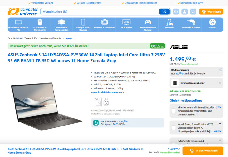 Asus ZenBook S14 OLED UX5406SA-PV530W für 1.499 Euro.