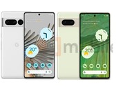 Google Pixel 7 und Pixel 7 Pro zeigen sich in offiziellen Pressebildern auch mit ihren unterschiedlichen Displays (Bild: 91Mobiles)
