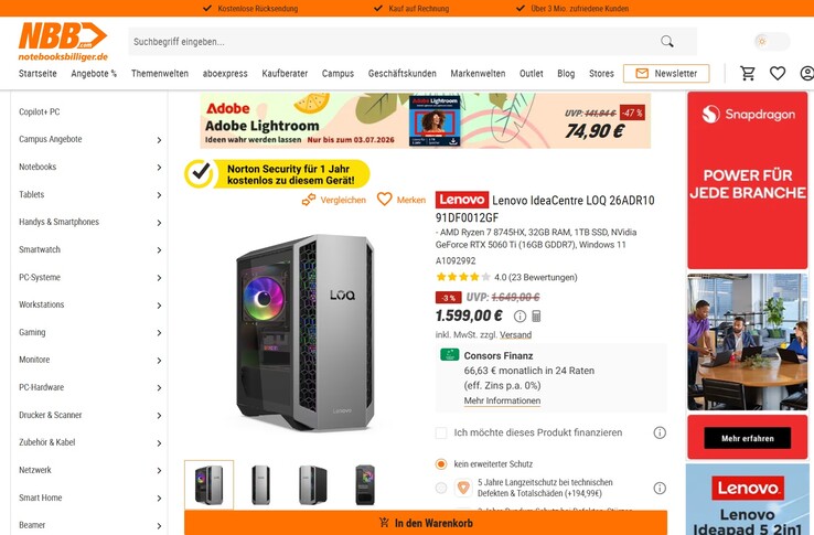 Lenovo LOQ 26ADR10 91DF0012GF für 1.599 Euro.