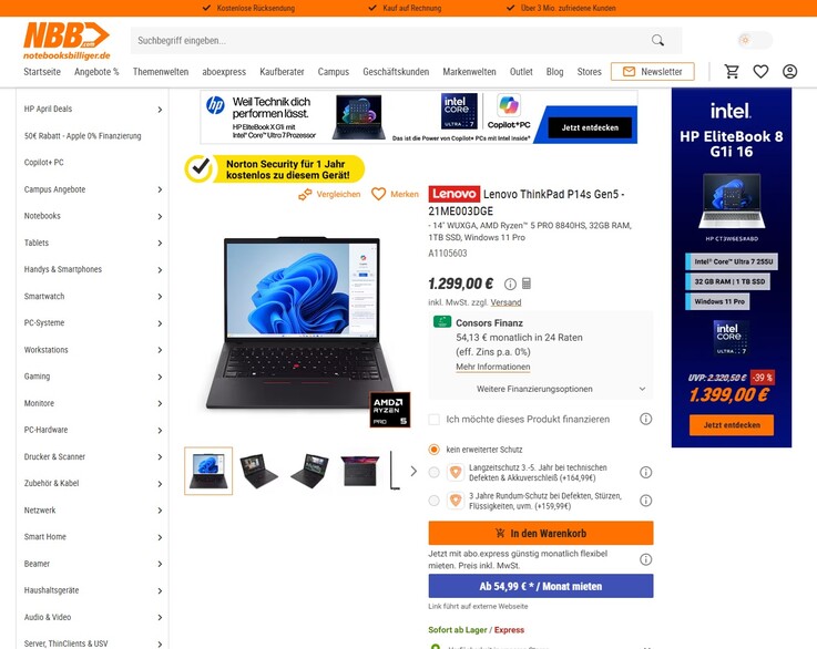 Lenovo ThinkPad P14s G5 21ME003DGE für 1.299 Euro.