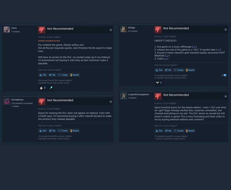Nutzerbewertungen auf Steam kritisieren Ubisoft-DLC-Probleme, wobei mehrere Spieler den Inhalt als „nicht empfohlen“ markieren (Bildquelle: Steam)
