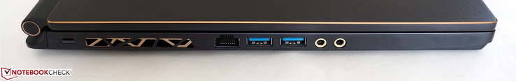 linke Seite: Kensington Lock, RJ45-LAN, 2x USB 3.1, Kopfhörer, Mikrofon
