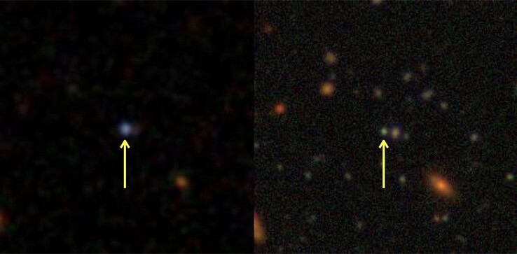 die Galaxie J0218−0036 links im Jahr 2002 und rechts im Jahr 2018