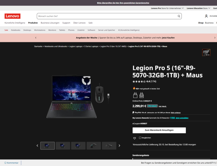 Lenovo Legion Pro 5 16ADR10 83LT0098GE für 2.299,01 Euro.