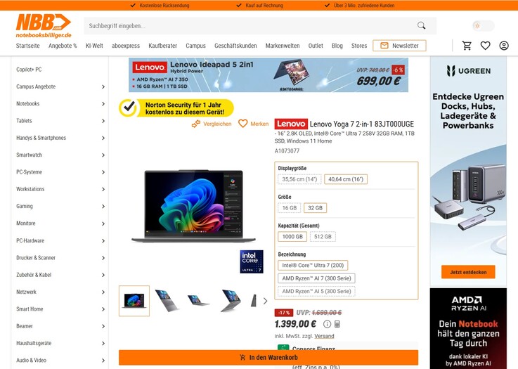 Lenovo Yoga 7 2-in-1 16ILL10 (83JT000UGE) für 1.399 Euro.