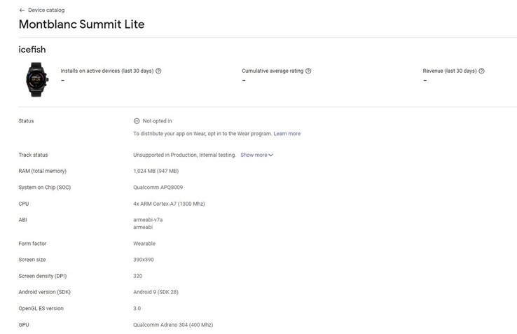 Der Google Play Console-Eintrag nennt bereits die ersten Details zur Montblanc Summit Lite Smartwatch. (Bild via XDA-Developers)