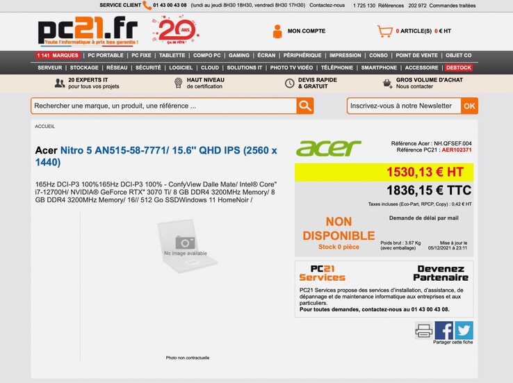 Der Onlineshop PC21.fr listet ein Acer Nitro 5 mit Intel Core i7-12700H. (Screenshot: PC21.fr)