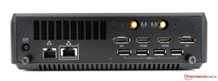 Hinten: Netzanschluss, Dual-LAN (1G und 2,5G), 4x USB 3.1 Typ A, 2x DisplayPort, 2x HDMI, 2x WLAN-Antennen