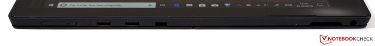 Links: Steckplatz für MicroSD & Nano-SIM, 2x USB-C 3.1 Gen.2 mit Thunderbolt 3, Steckplatz für ein Sicherheitsschlosse, 3,5-mm-Audio
