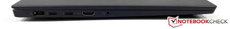 Links: Strom (SlimTip), 2x Thunderbolt 3 mit USB-C-Stecker (USB 3.1 Gen.2, DisplayPort), HDMI 2.0, 3,5-mm-Klinkenstecker