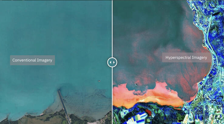 Hyperspektrale Aufnahmen des Genfersees (rechts) vs. herkömmliche Satellitenaufnahme (links)
