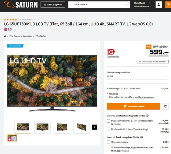 Saturn: LG UP78009LB 65- und 75-Zoll-Fernseher zu absoluten Kracherpreisen im Angebot.