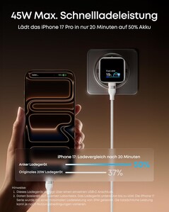 Das Netzteil liefert bis zu 45W Leistung und ist speziell für iPhones optimiert.