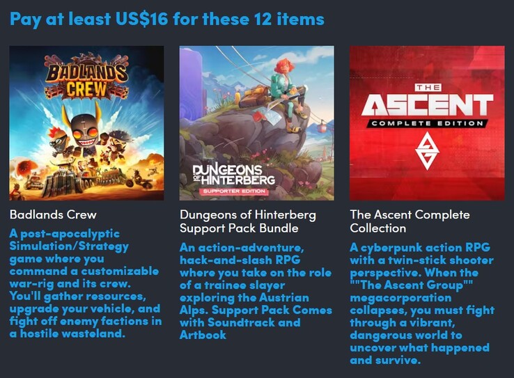 Spielbeschreibungen und Poster. Zwölf Spiele für rund 16 Euro. (Bildquelle: Humble Bundle)