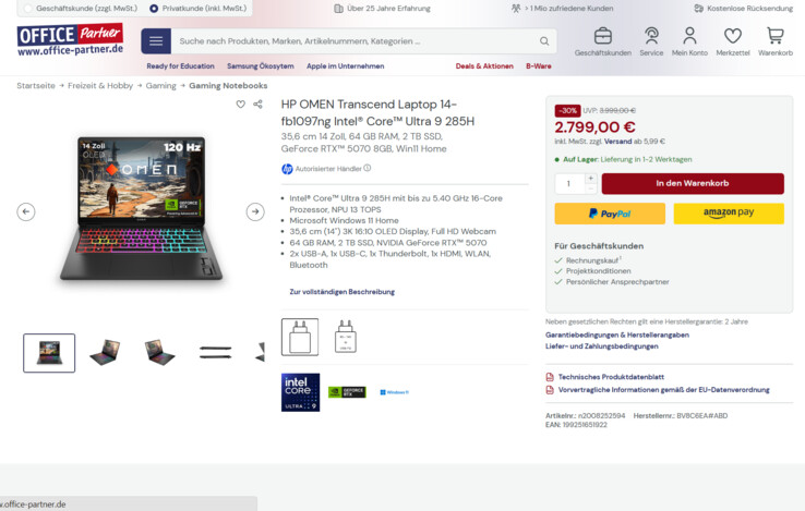 HP Omen Transcend 14-fb1097ng für 2.799 Euro.
