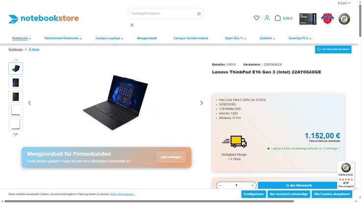 Lenovo ThinkPad E16 G3 22AY004XGE für 1.152 Euro.