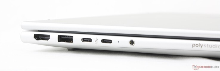 Links: HDMI 2.1, USB-A (5 Gbit/s), 2x USB-C 4.0 w/ DisplayPort 1.4 + Power Delivery (40 Gbit/s)