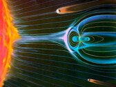 So ein Magnetfeld schützt gut. Sonne, Venus, Erde und Mars im Vergleich - Größenverhältnisse stimmen. (Quelle: ESA)