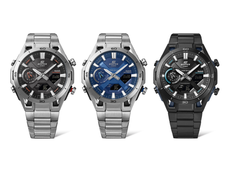Von links nach rechts: die Uhren Casio Edifice ECB-2300D-1A (ECB-2300D-1A), ECB-2300D-2A und ECB-2300DC-1A (ECB-2300DC-1A). (Bildquelle: Casio, bearbeitet)