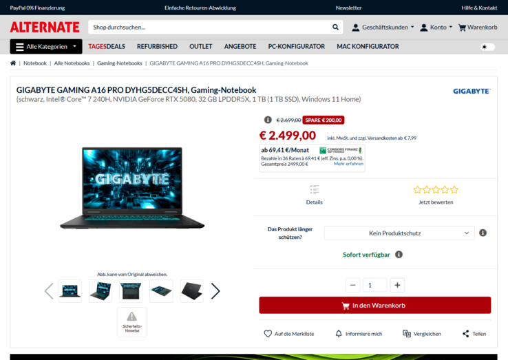 Gigabyte Gaming A16 Pro DYH G5DECC4SH für 2.499 Euro.