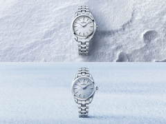 Die Grand Seiko SBGX359 (oben) und SBGX361 (unten), abgebildet vor stilisierten Hintergründen aus Schnee und Himmel.