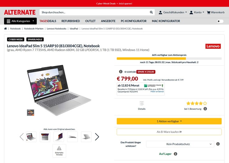 Lenovo IdeaPad Slim 5 15ARP10 83J3004CGE für 799 Euro.