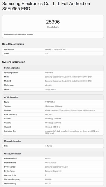 Zum Vergleich: Ein Exynos 2600 Testsystem im OpenCL-Test.