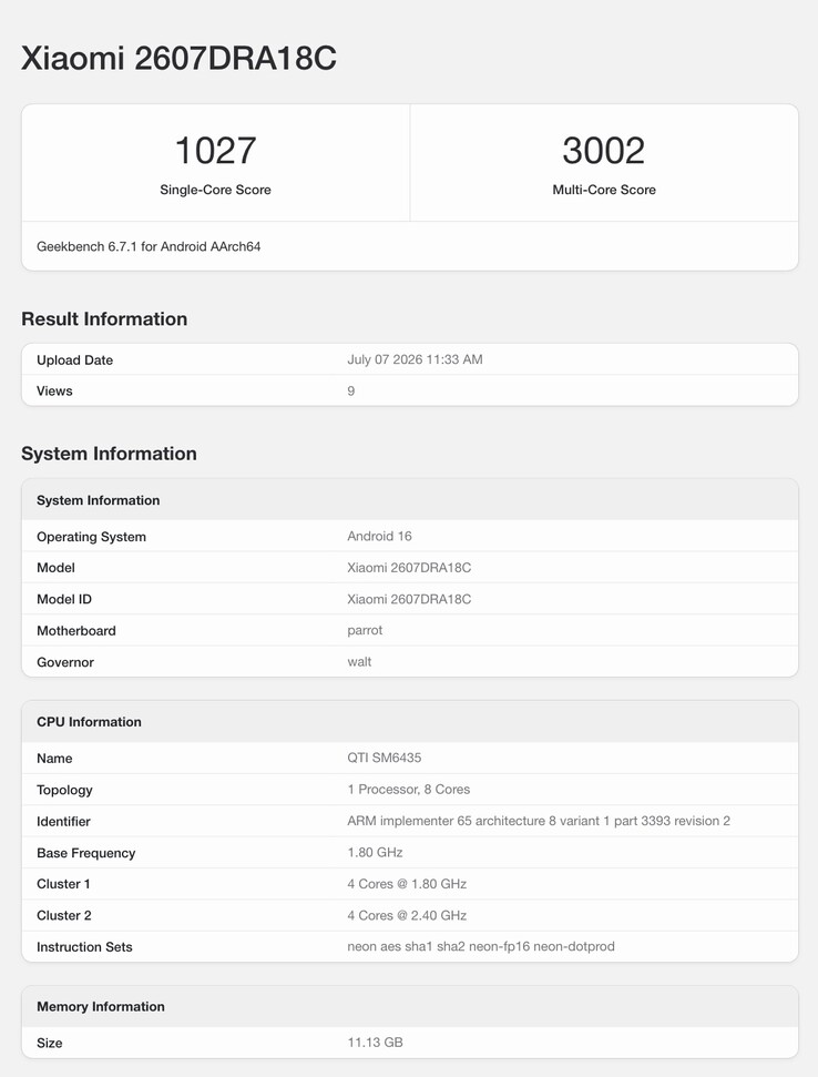 Geekbench Eintrag zum neuen Xiaomi-Smartphone