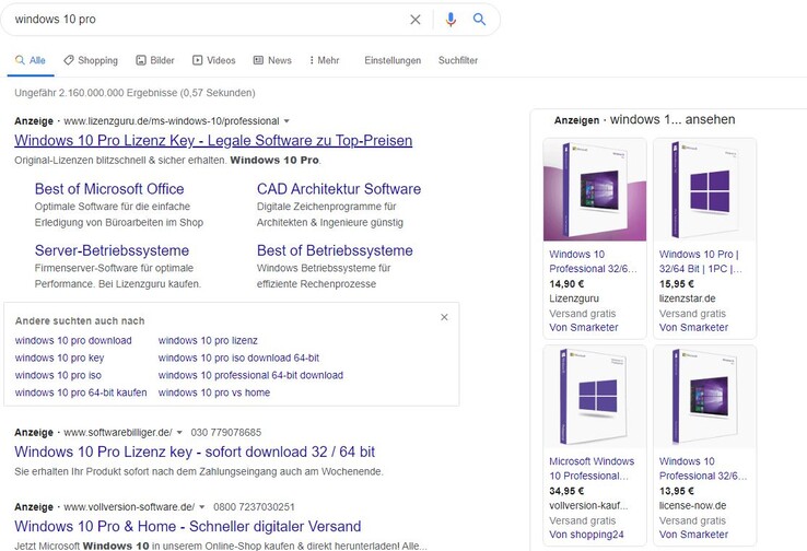 Bei Google werden Lizenzen zu günstigen Preisen entsprechend beworben.