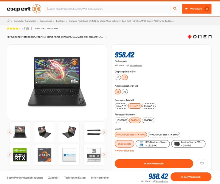 HP Omen 17-db0676ng (B5KG9EA) für 958,42 Euro.