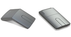 Links ist die Yoga Maus als normale Computermaus mit einem gewölbten Design zu sehen und rechts wurde sie dank des eingebauten Drehscharniers in einen flachen Laserpointer verwandelt.