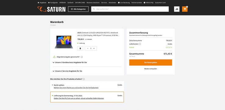 Im Warenkorb werden automatisch 127 Euro abgezogen, mit dem Newsletter-Gutschein können weitere 10 Euro gespart werden. (Screenshot: Saturn)