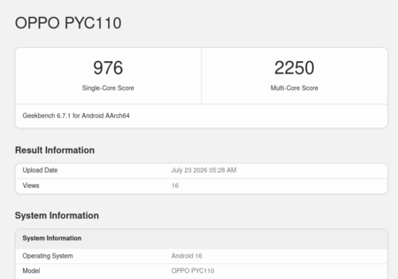 Oppo A7 Pro Max (PYC110) – Eintrag bei Geekbench 6.7.1